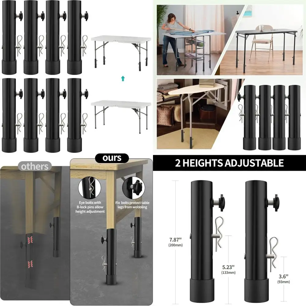 

Adjustable Table Leg Extenders - 2-Level Height Risers for Straight or Bent Legs, 3.6 to 5.23 Inches Extension