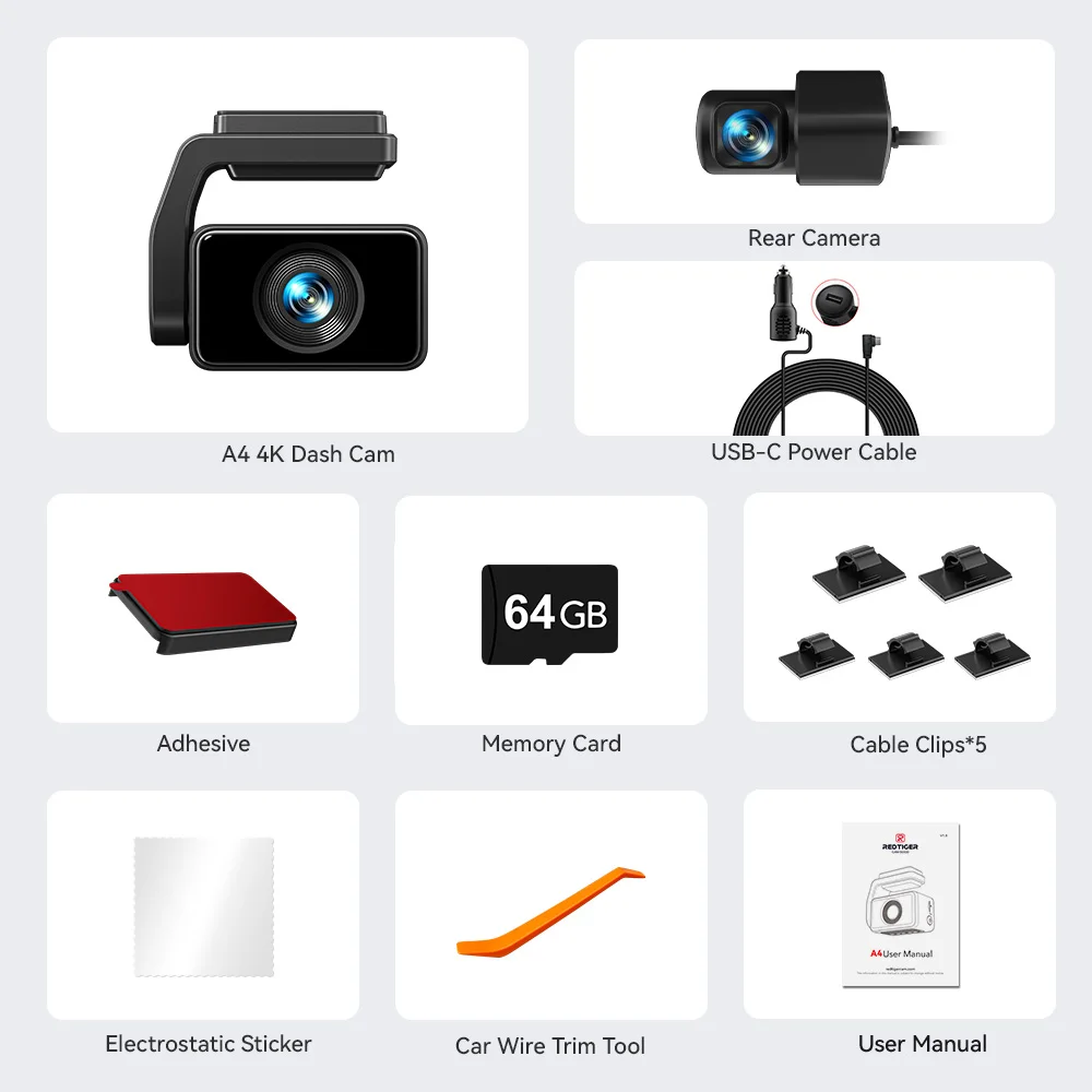 REDTIGER A4 4k Dash Cam Vorder- und Hinterrad-Laufwerksrekorder GPS & 5G WiFi Touchscreen Nachtsicht 24H Parkmodus Sprachsteuerung 3