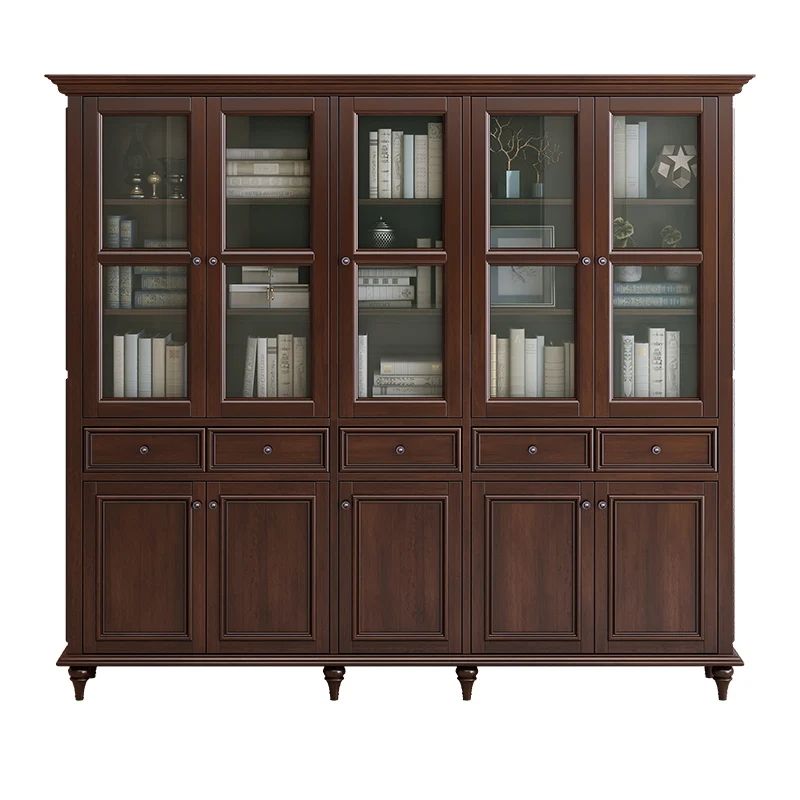 

American light luxury black walnut solid wood glass bookcase, locker integrated against the wall