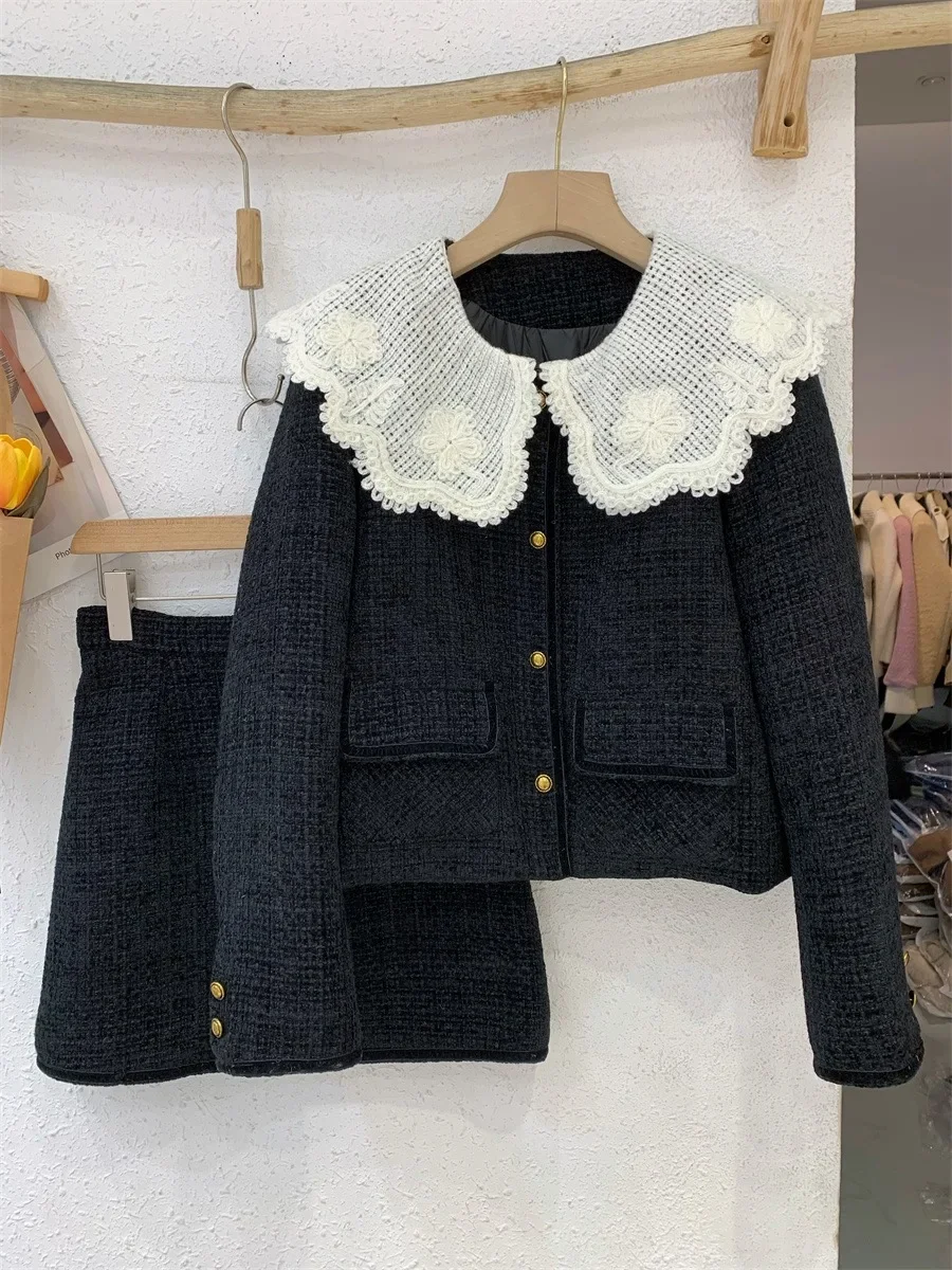 

Sweet Hot Girl Suit Women's Winter Turn-down Collar Down Jacket High Waist Mini Skirt Two-piece Set Fashion Female Clothes