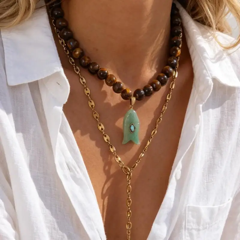 Natural Stone Small Fish Bead Tiger Eye Stone Titanium Steel pig nose Y-Shaped Chain