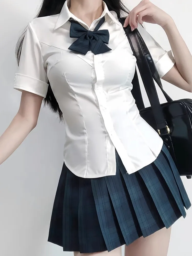 

White Short Sleeve Shirt Waist Cinched Spicy Girl School Uniform Style Top Summer Versatile Female Fashion Commute Style Slim...