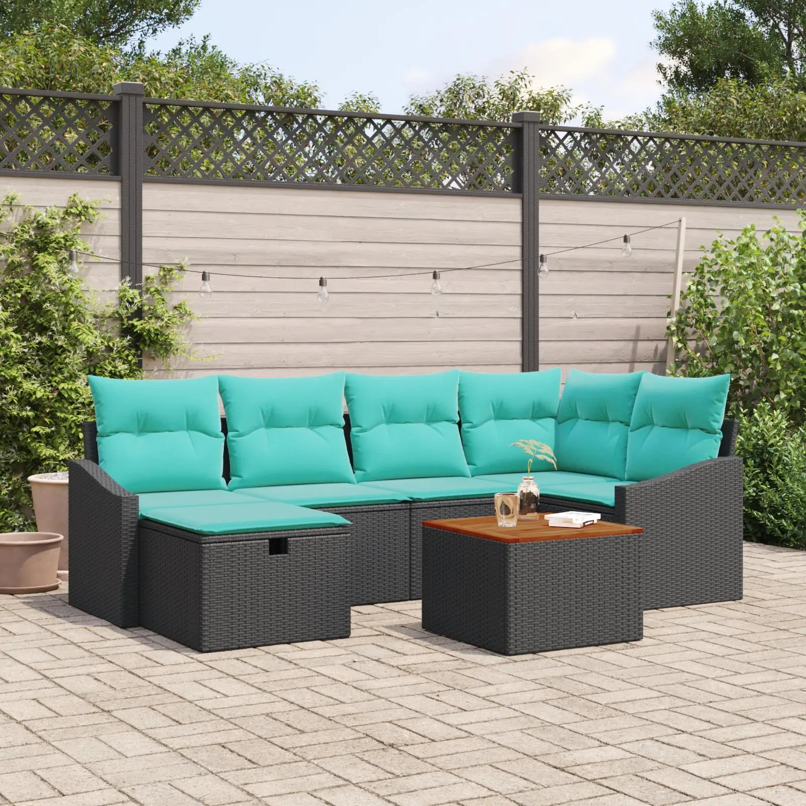 

7 Piece Outdoor Garden Sofa Set with Cushions Black Rattan Furniture Modern Patio Seating