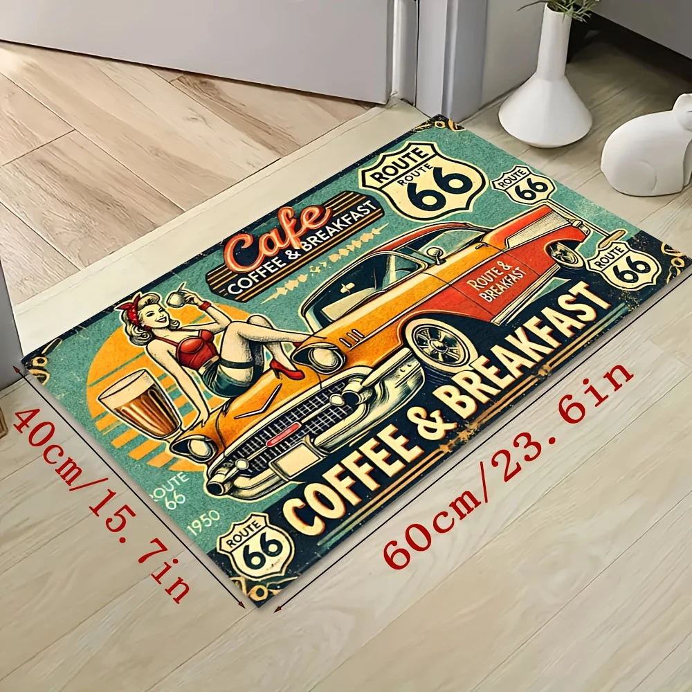 VIKAMA Retro Route 66 Pin-Up Girl Doormat, Soft Short-Pile Imported Doormat, Non-Slip Absorbent Bathroom Rug, Home Decor
