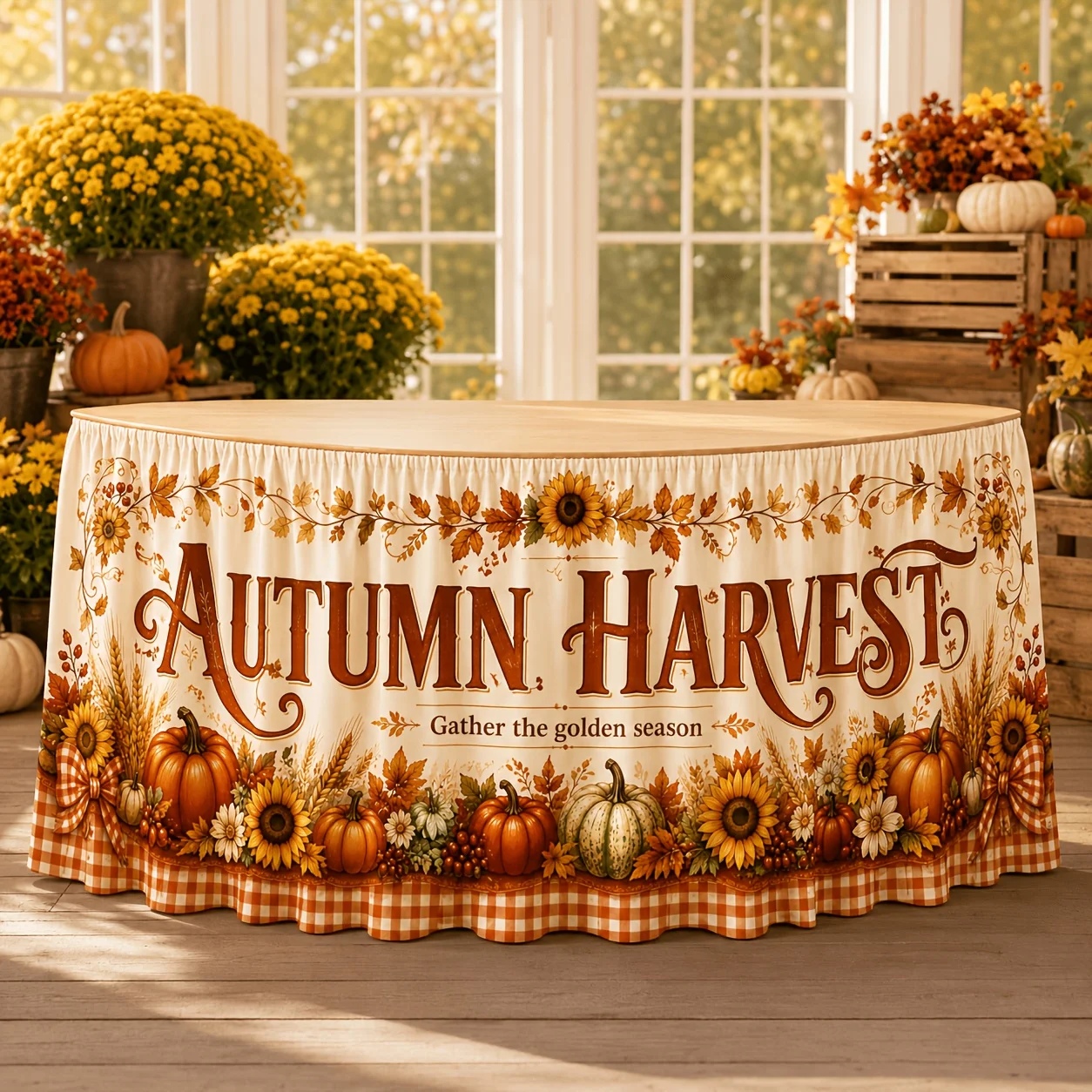 Party table skirt 1 piece. Autumn harvest retro table skirt, nostalgic sunflower, pumpkin and wheat stalk check pattern.