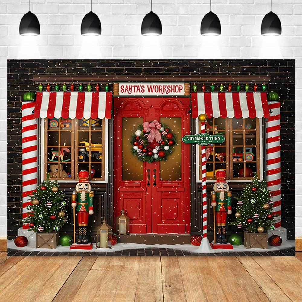 Зимний Рождественский фон для фотосъемки конфетного магазина, детский фон для вечеринки в канун Рождества, декор для вечеринки, рождественская елка, дверной венок, фотофон