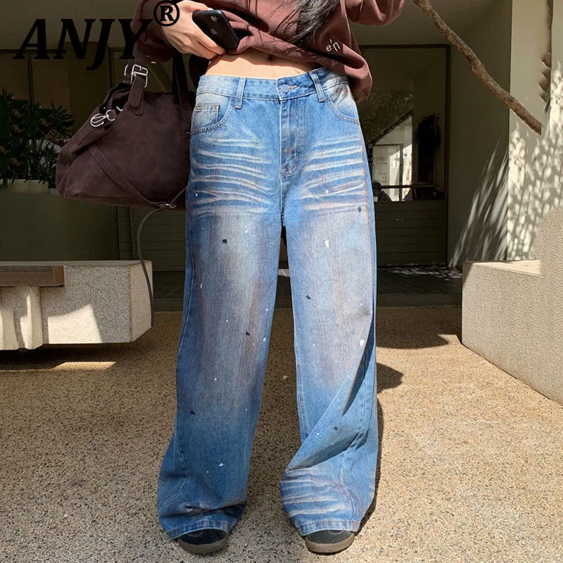 

ANJY, осенне-зимние новые женские американские модные джинсы с красками и царапинами, уличная одежда, трендовые широкие джинсовые брюки A17843