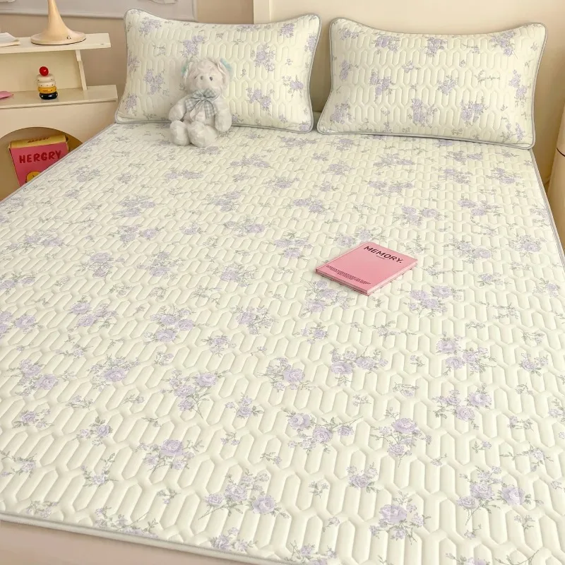 Korean-style Breathable Latex Cooling Bed Sheet  for Summer Cool  Skin Friendly Floral Mattress Pad Single Double Size Anti Slip