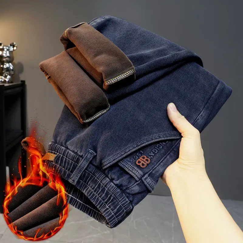 جينز عالي الجودة مبطن بالصوف للرجال لخريف وشتاء دافئ قابل للتمدد من قماش الدنيم أميري جينز ناعم مريح ملابس يومية