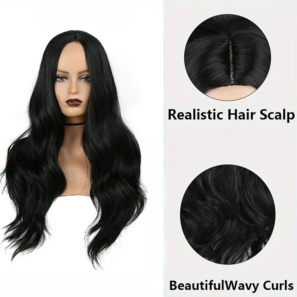 Synthetic Fibers 65cm long curly body wave hair wigs with Middle Parting bangs Rose Net Cap For women Daily Wear Use wigs hairs