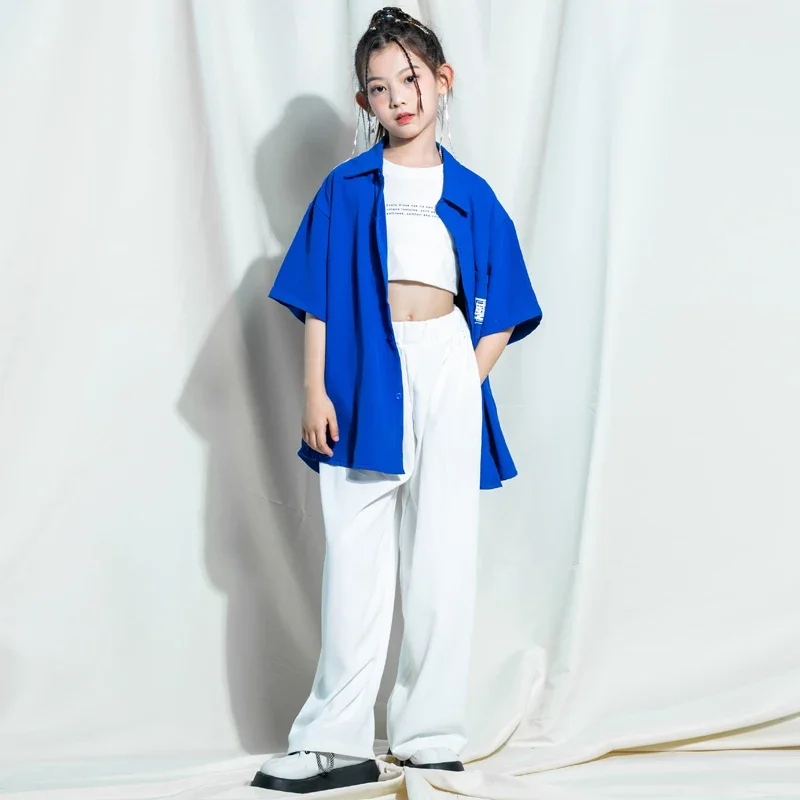 Kids Jazz Dance Costume Stage Street Wear Clothes Girls Boys Teen Kpop Outfits Hip Hop Clothing Blue Shirt Tops Baggy Pants For