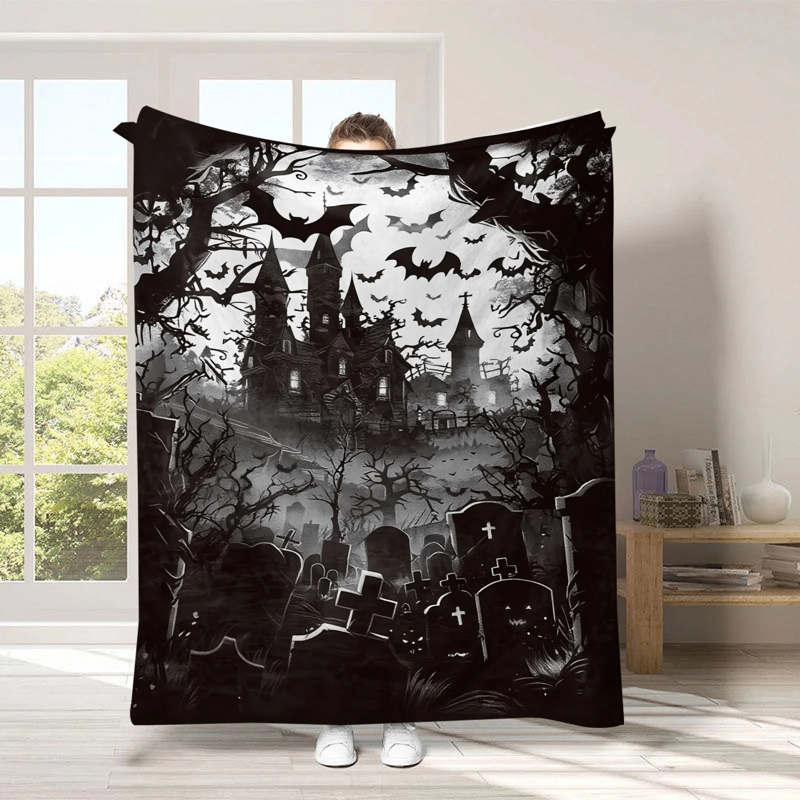 Gruselige schwarze Halloween-Flanelldecke mit Geistern, weiche Universaldecke, multifunktionale Dekorationsdecke, Weihnachtsgeschenk – Detail 19
