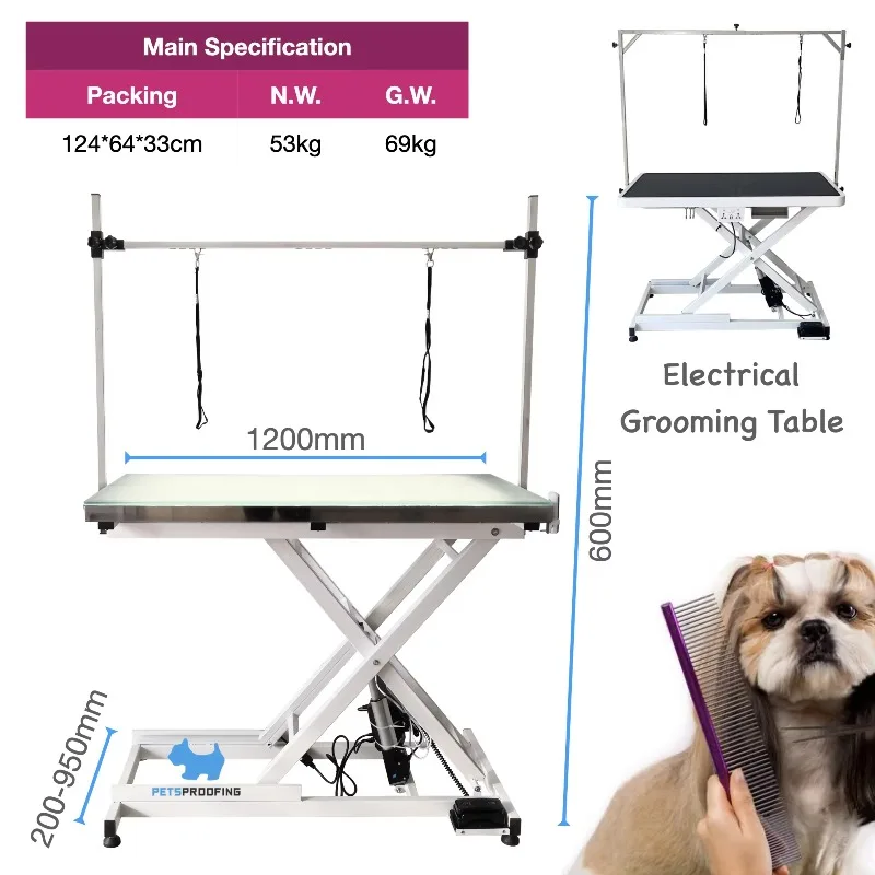Adjustable Height Folding Hydraulic Air Lifting Dog Cat Pet Grooming Table Illuminated Electrical LED Stainless Hair Removal