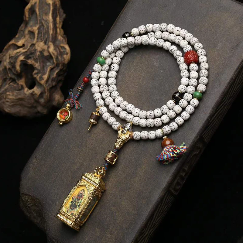 Hainan Old Material-Moon Bodhi 108 Bead Buddhist Necklace with Tibetan Silver, Magnesite, Glass, and Red Agate Acc