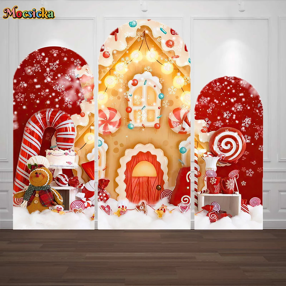 

Christmas Candy Cane Arch Cover Backdrop Xmas Gingerbread House Snowflake Red Background Winter Kids 1st Birthday Photo Studio