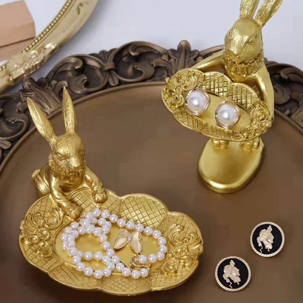 Retro Golden Cute Bunny Statue Decor Jewelry Tray Trinket Holder Decorative Easter Rabbit Resin Crafts Night Stand Home Decor