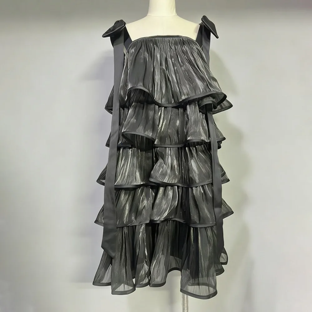 Sleeveless Camisole Cake Short Dress Square Collar Off The Shoulder Spliced Bow Multi-layer Ruffles Beautiful 2026 Spring New