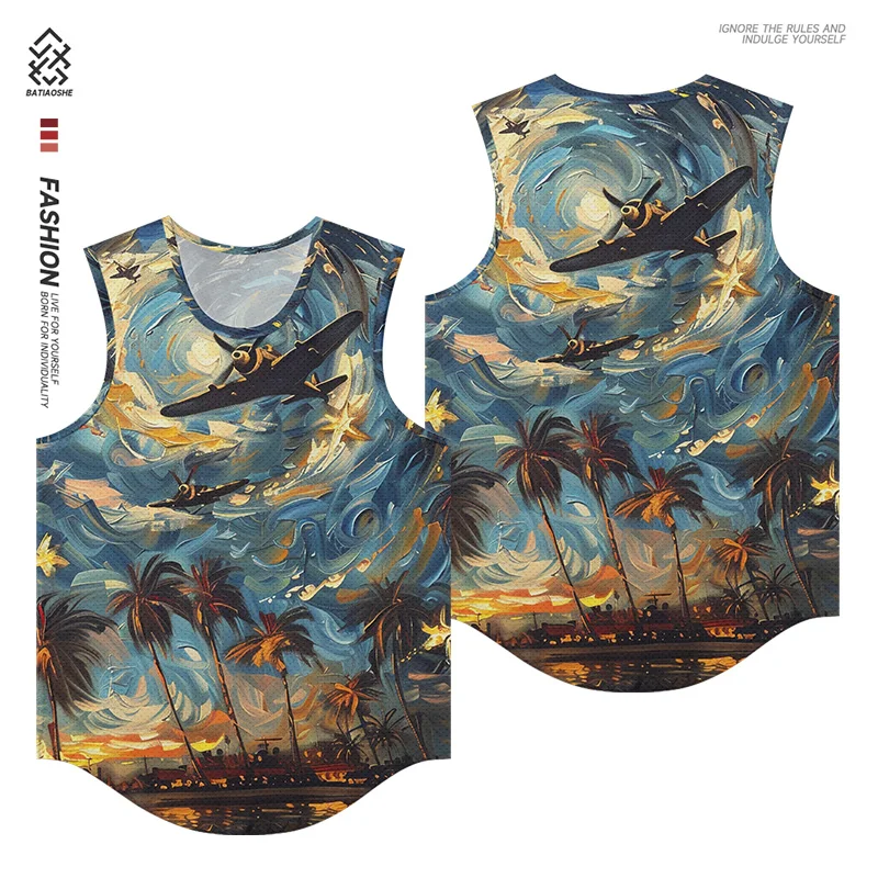 Men's Fashion Sleeveless Bottom Shirt Summer Oil Painting Color Printing Pattern Tank Top Outdoor Sports Quick Drying