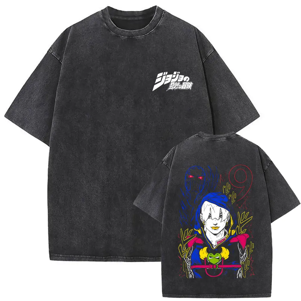 

Washed Vintage Anime Jojo's Bizarre Adventure T-shirt Risotto Nero Graphic T Shirt Men Women Casual Cotton Oversized T-shirts