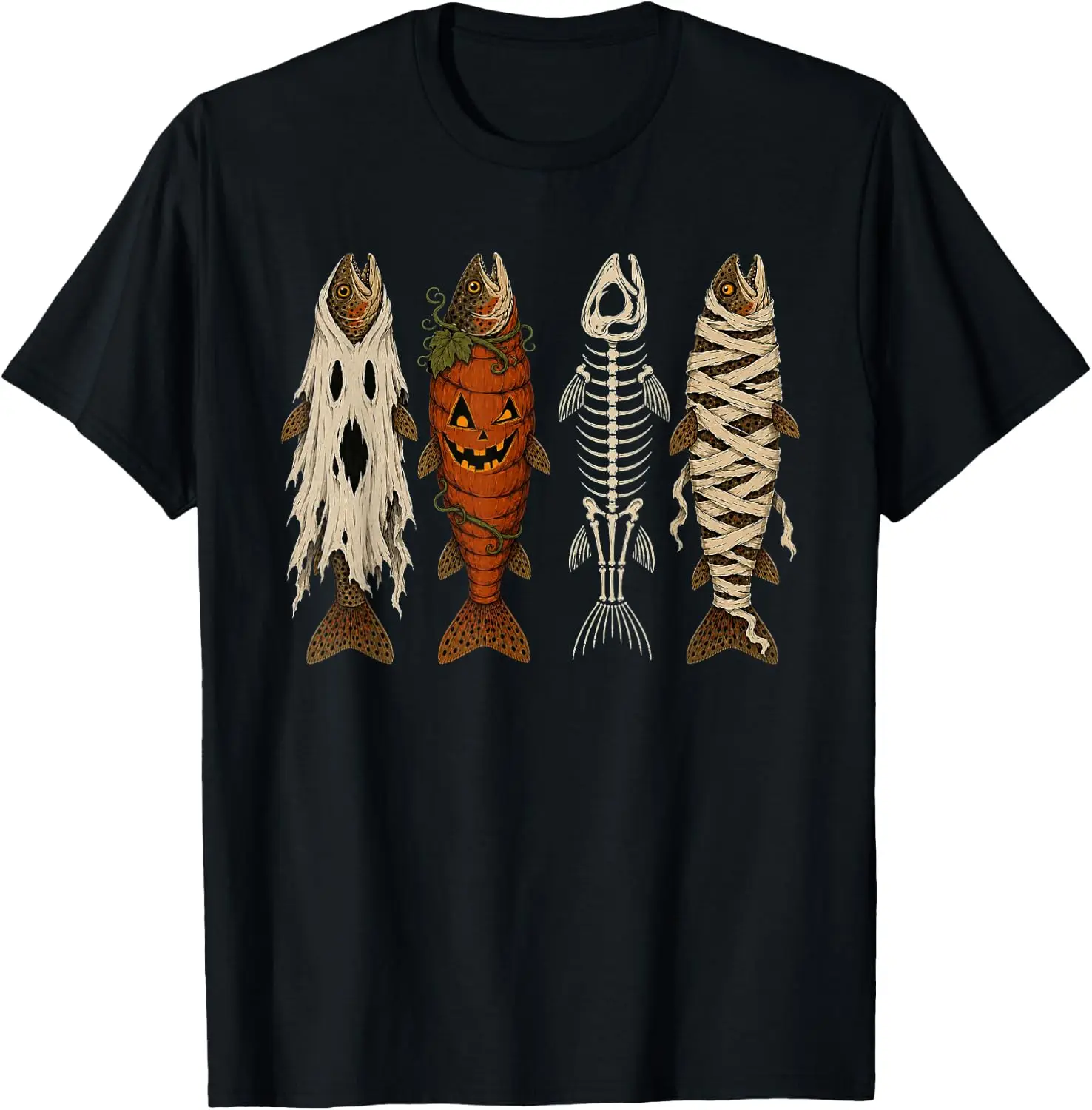 Ghost Pumpkin Skeleton Mummy Trout Funny Halloween Fishing T-Shirt Vintage Style Graphic T‑Shirt, Retro Tee, 100% Cotton Soft Lightweight Crew Neck Unisex Casual Short Sleeve Tops For Men Women Daily Wear