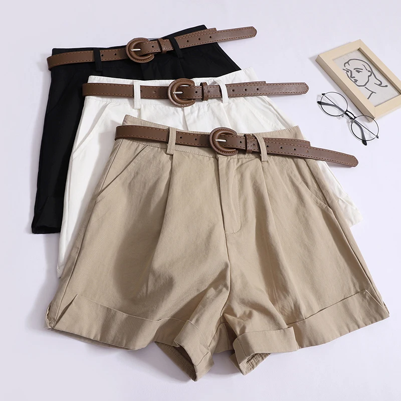 

Women's Casual Shorts New Retro British Khaki Shorts for Summer 2024 A Line Wide Leg Short Pants with Belt High Waist Pockets