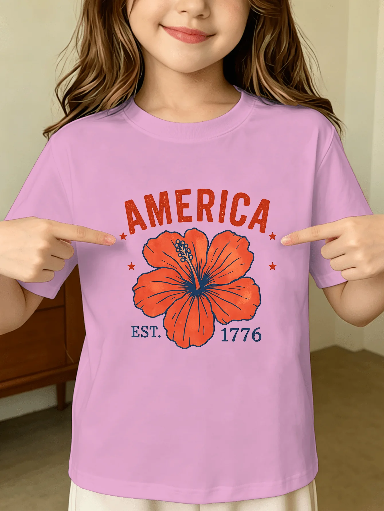 Patriotic Hibiscus Kid Tee America 1776 Floral Print Boys Girls Family Matching Cotton Summer Short Sleeve Basic Children Tshirt