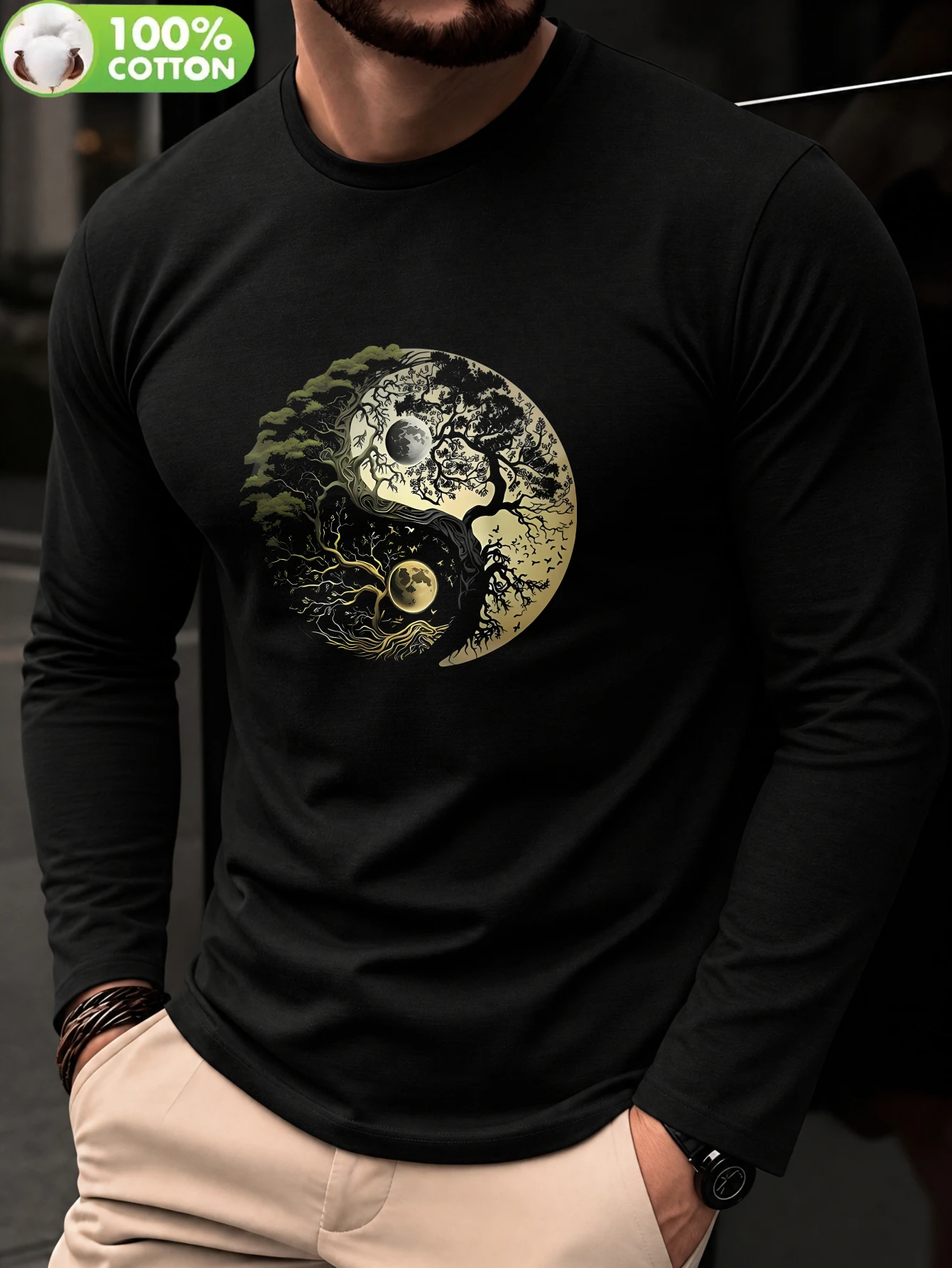 Mens 100 Pure Cotton Long Sleeve T Shirt Milan Italian Pattern Print Crew Neck Standard Size Machine Washable Comfortable Fashio