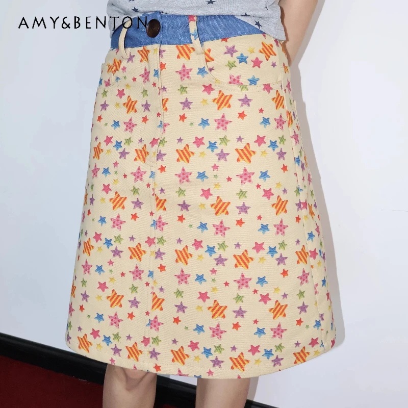

Оригинальный дизайн, красочная юбка с звездами и вставками из хаки-твила, женская, весна-лето 2026, новая, стройнящая, универсальная, А-силуэт, для женщин