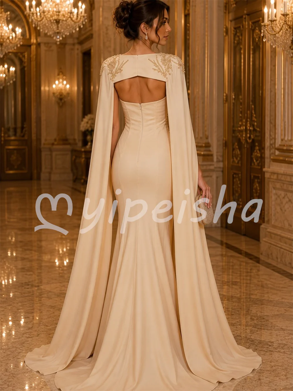 Ivory Matching Gentle Jersey Sequined Beading Shawl Mermaid Scoop Neck Floor-Length Evening Dresses Party Gowns Customized