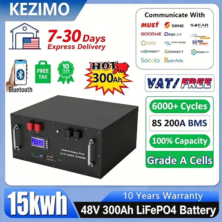 

LiFePO4 48V 300Ah 5Kwh Battery 51.2V 100Ah 120Ah 150Ah 200Ah 6500 Cycle Lithium Battery Bluetooth 16S BMS RS485 CAN BMS US STOCK