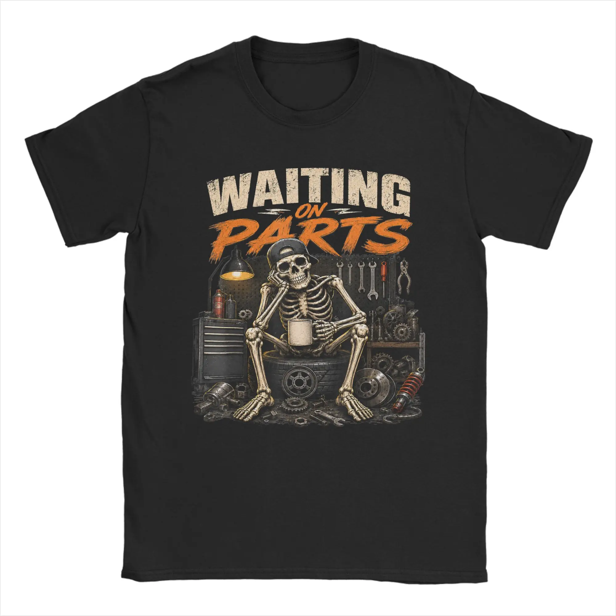 Vintage T-Shirt Waiting On Parts Mechanic Skeleton Auto Repair Life Cotton T Shirts Tshirt for Men Beach Short Sleeve Top Tees