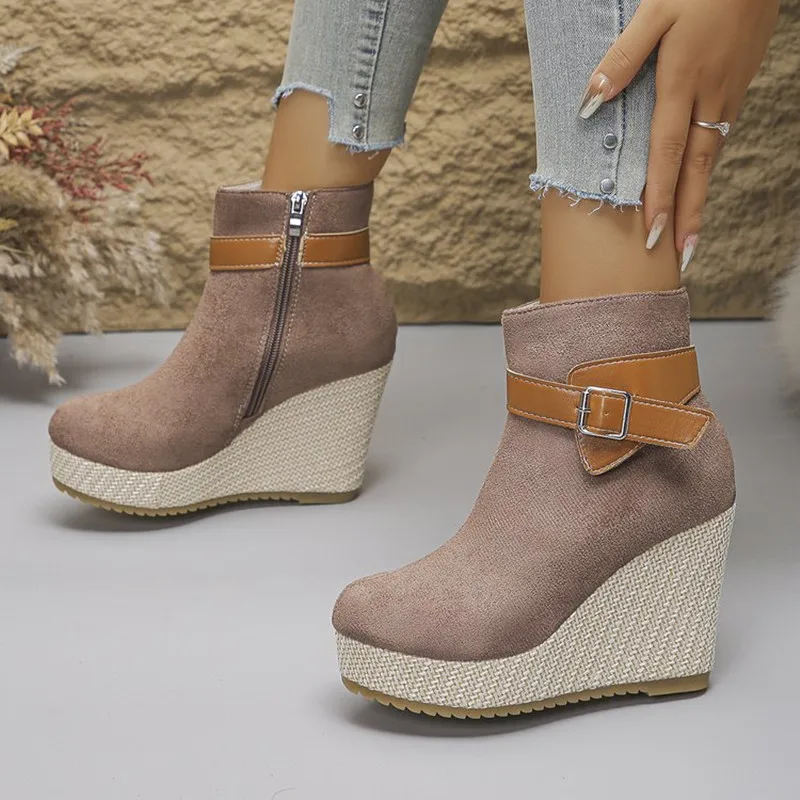 Fashion Wedge Ankle Boots Women High Heel Platform Booties Microfiber Round Toe Buckle Strap Office Lady New Autumn Winter Shoes