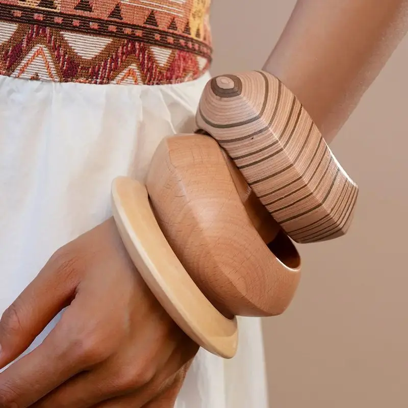DIEZI Simple Hip Hop Khaki Brown Wood Wide Bangles Fashion Round Geometric Bangles For Women Bracelet Men Jewelry