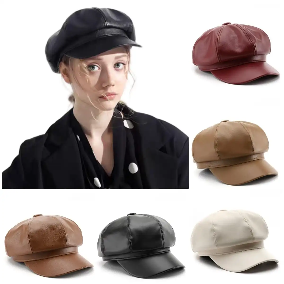 New Korean Style Pu Leather Octagonal Hat for Men and Women Versatile Painter's Hat Retro Newsboy Hat, Artistic Painter's Hat