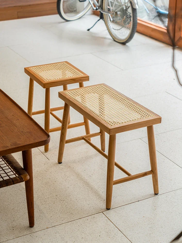 Solid wood rattan stool Nordic low stool Japanese retro dining stool restaurant online celebrity ins log stool