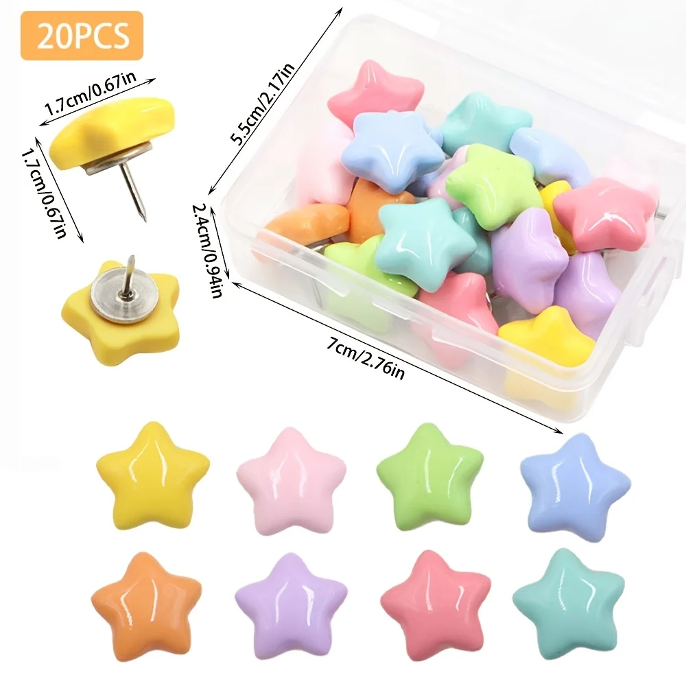 20pcs Vibrant Multi-Colored Star Thumbtacks for Corkboard, Photo Wall and Bulletin Board Decoration Office