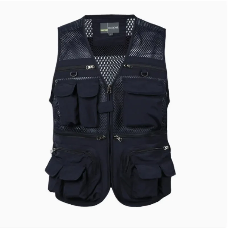 Men's Outdoor Fishing Vest Summer Solid Color Multi-Pocket Casual Mesh Breathable Sleeveless Hiking Zipper Jacket Vestdropshippi