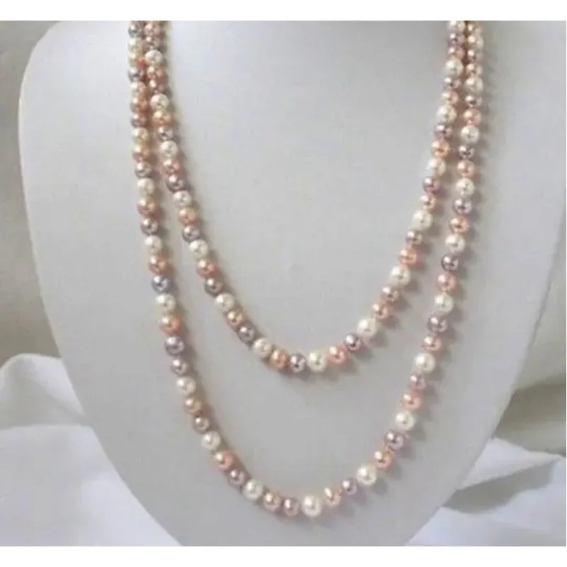 

Women Gift Freshwater Long 7-8mm Real Natural white & Pink & Purple Akoya Cultured Pearl Necklace