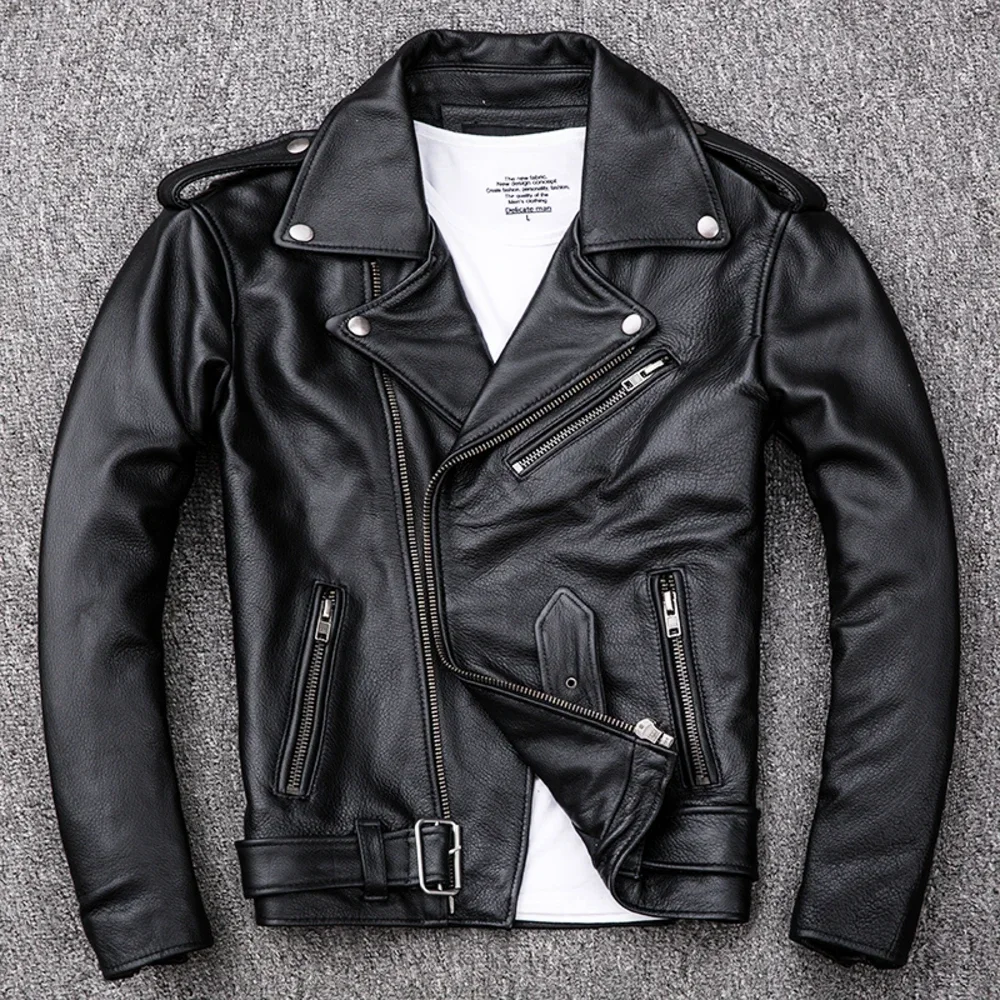 2024 Classical Spring Motorcycle Oblique Zipper s Men Leather Natural Calf Skin Thick Slim Cowhide Moto Biker Jacket Man