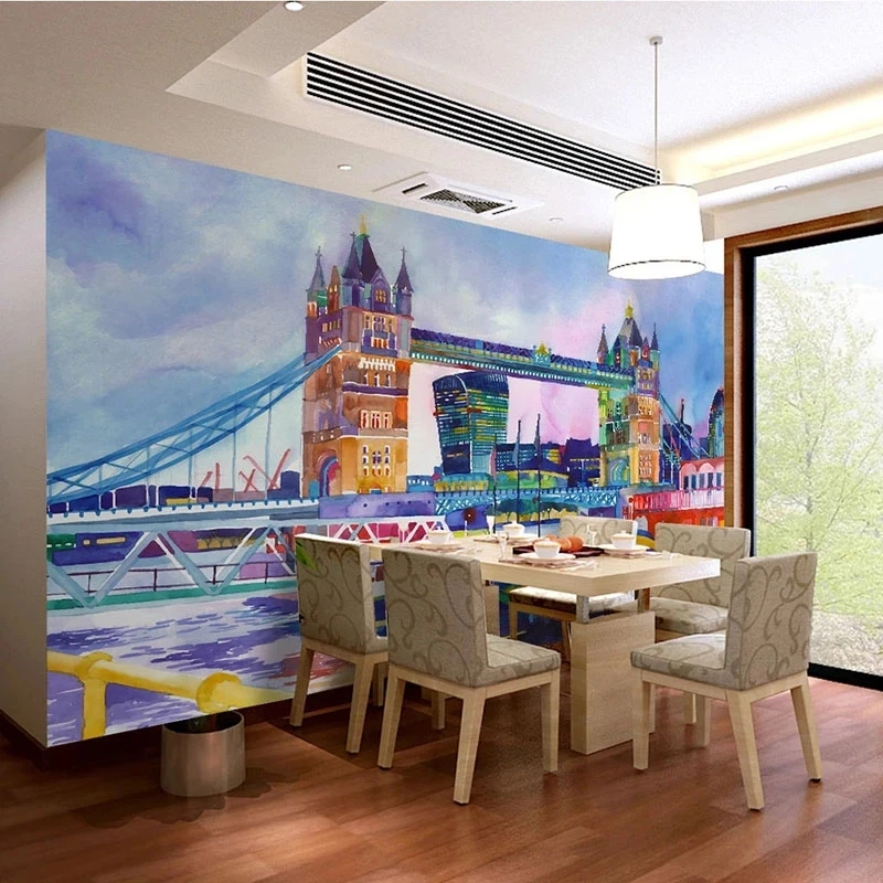 Customized 3D Wallpaper Modern Retro Watercolor Building Mural Restaurant Cafe Living room TV background wall bedroom restaurant