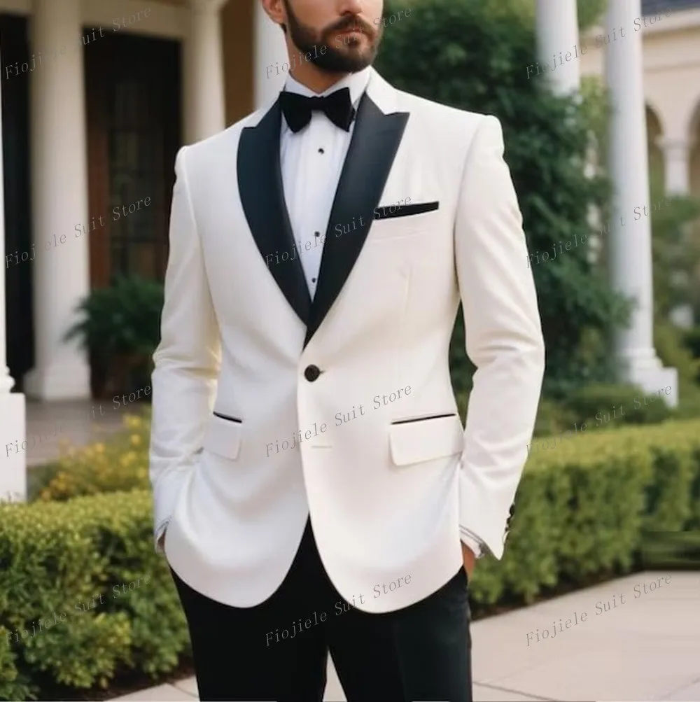 

Black Lapel White Business Men Suit Wedding Party Prom Groom Groomsman Formal Occasions Male Tuxedos 2 Piece Set Blazer Pants