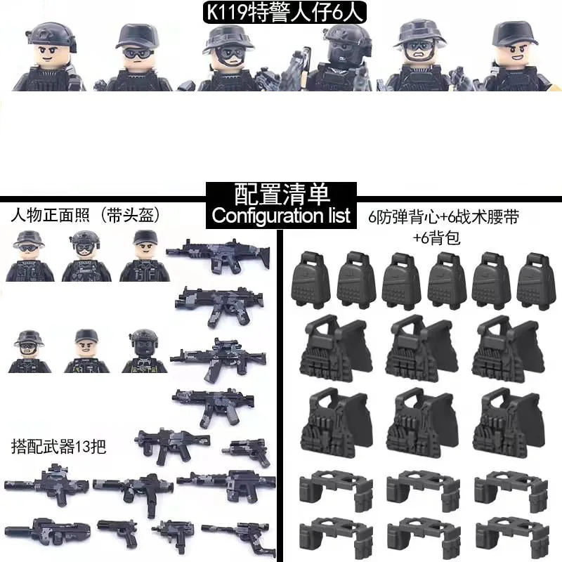 Figuras de anime de ciudad moderna, bloques de construcción, soldados del ejército, policía, estatuas militares de la Segunda Guerra Mundial, armas,