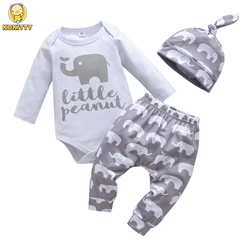 Fashion Newborn Infant Baby Boy 3Pcs Outfit Clothes Sets 2024 New Printed Long Sleeve Romper Bodysuit Top Pant with Hats