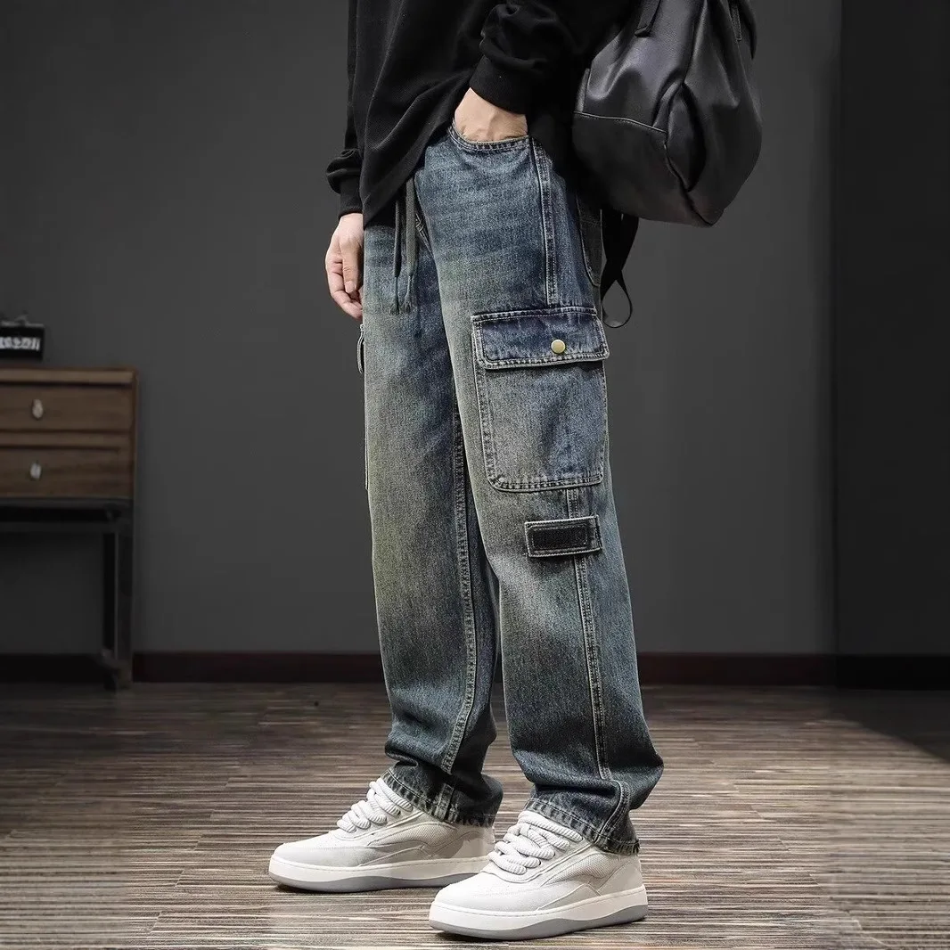 Spring Trendy Brand Retro Washed Straight Jeans Men's Loose Large Size Elastic Waist Overalls Drape Harlan Trousers