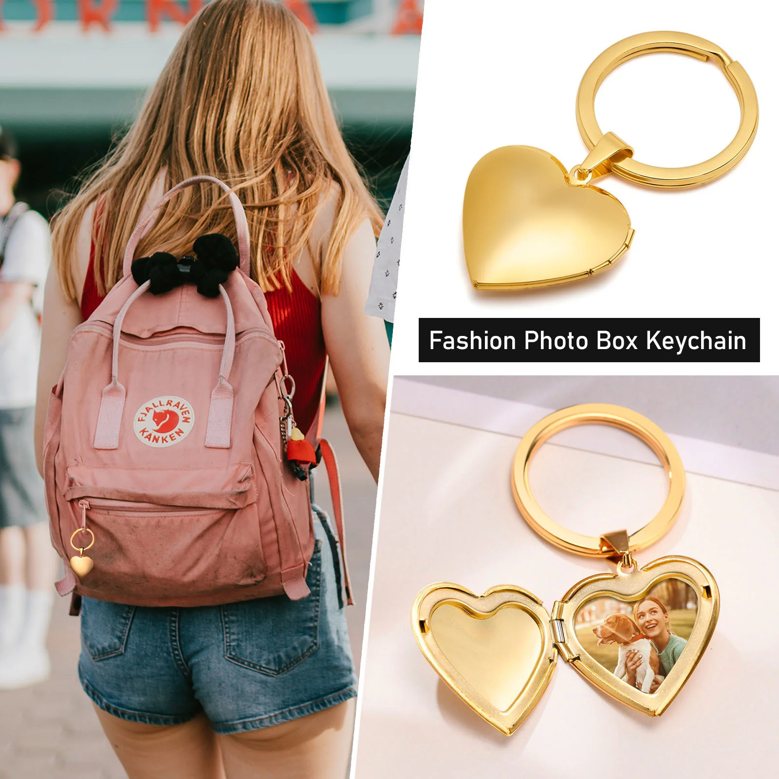 Custom Photo Key Chain,24K Gold Color Stainless Steel Heart Locket Keyring, Photo Frame Gift for Family