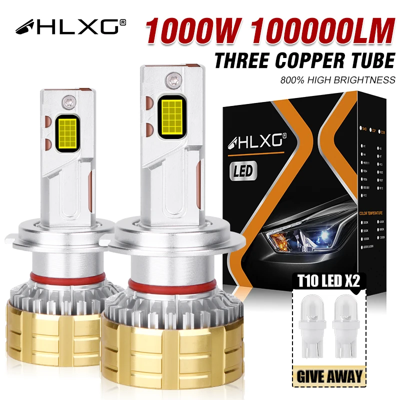 HLXG 1000W  H7 H4 LED Headlight Bulbs H8 H9 100000LM Canbus H11 H1 HB3 HB4 HIR2 9005 9006 9012 Car LED Xenon Turbo High Low Beam