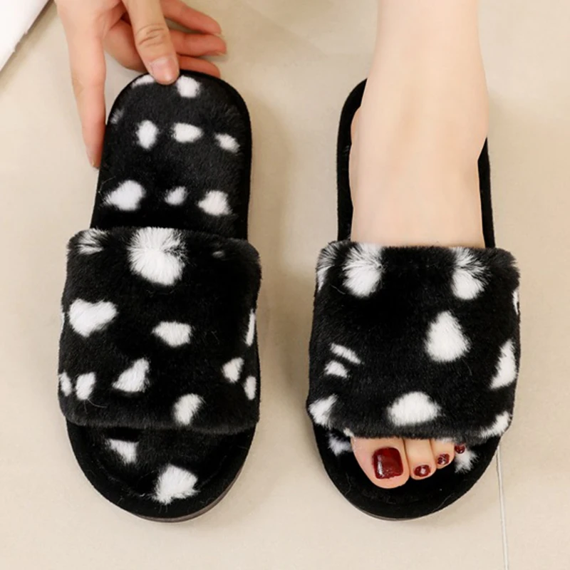 Fashion Leopard Plush Flat Heel Slippers Women Lightweight Comfort Non-slip Cotton Slides Indoor Outdoor Open-toe Warm Slippers