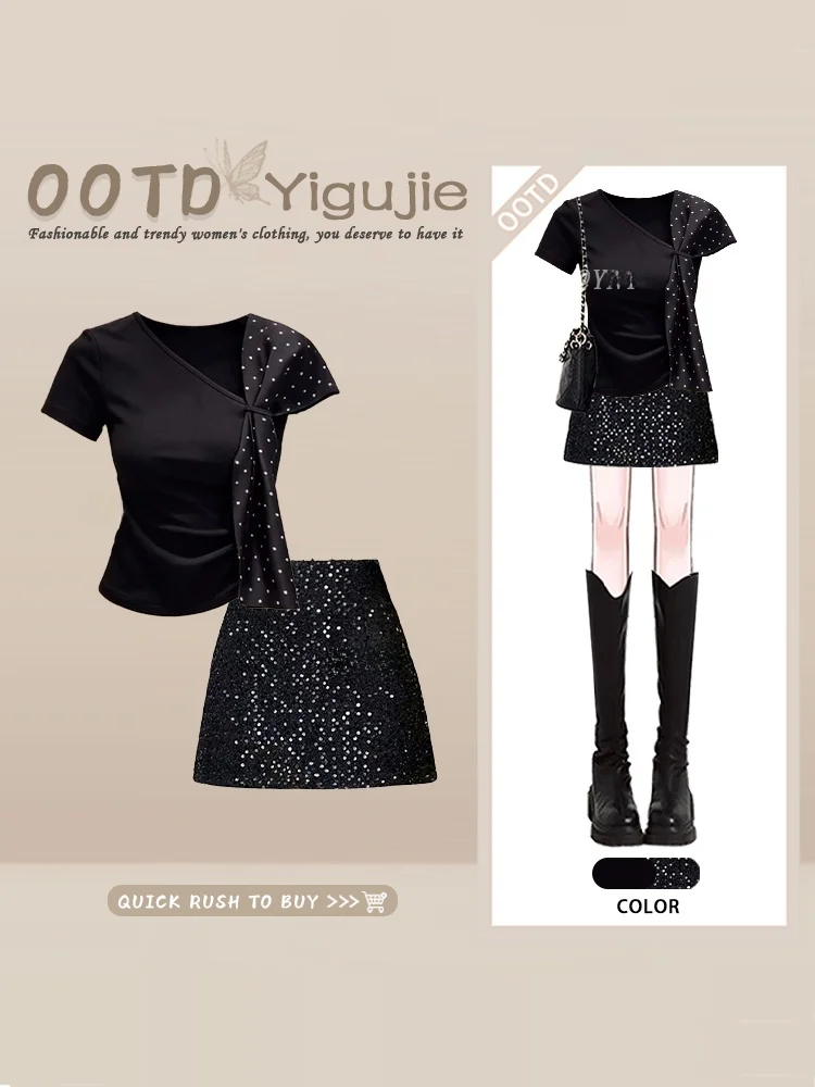 

Sexy Pure Desire Polka Dot Splice Oblique Collar Short Sleeve Slim Fit Top Summer Wrap around Sequin Skirt Two Piece Set...