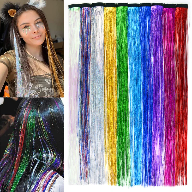 10Pcs/set Highlight Glitter Tinsel Hair Extensions Clip In Colored Party Sparkling Shiny Hair Extensions Streak Bling Hairpieces