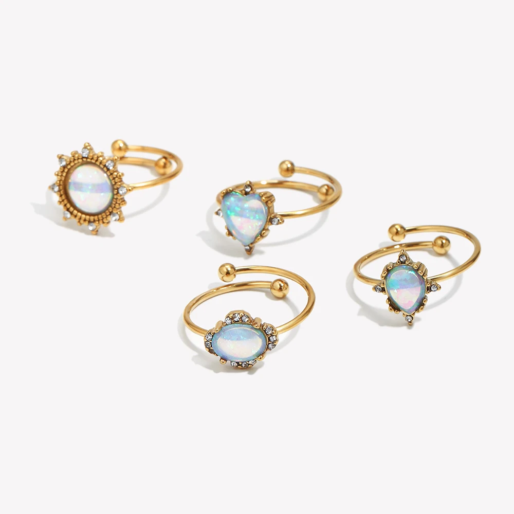 E.B.belle Adjustable Circle Heart Sun Waterdrop Natural Opal Stone Rings For Woman Stainless Steel PVD Plating Gemstone Ring